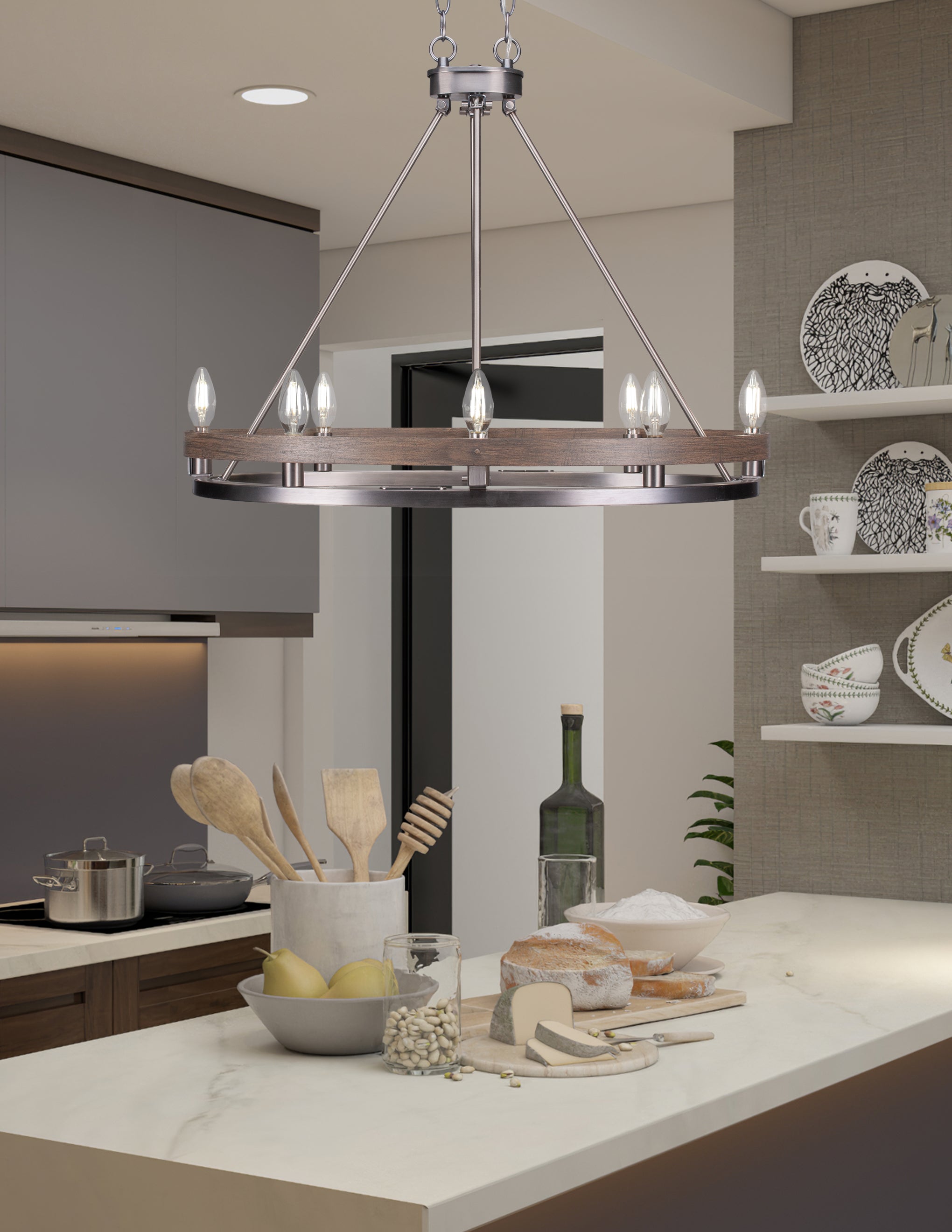 Belmont Eight Light Chandelier in Graphite & Painted Distressed Wood-look Metal