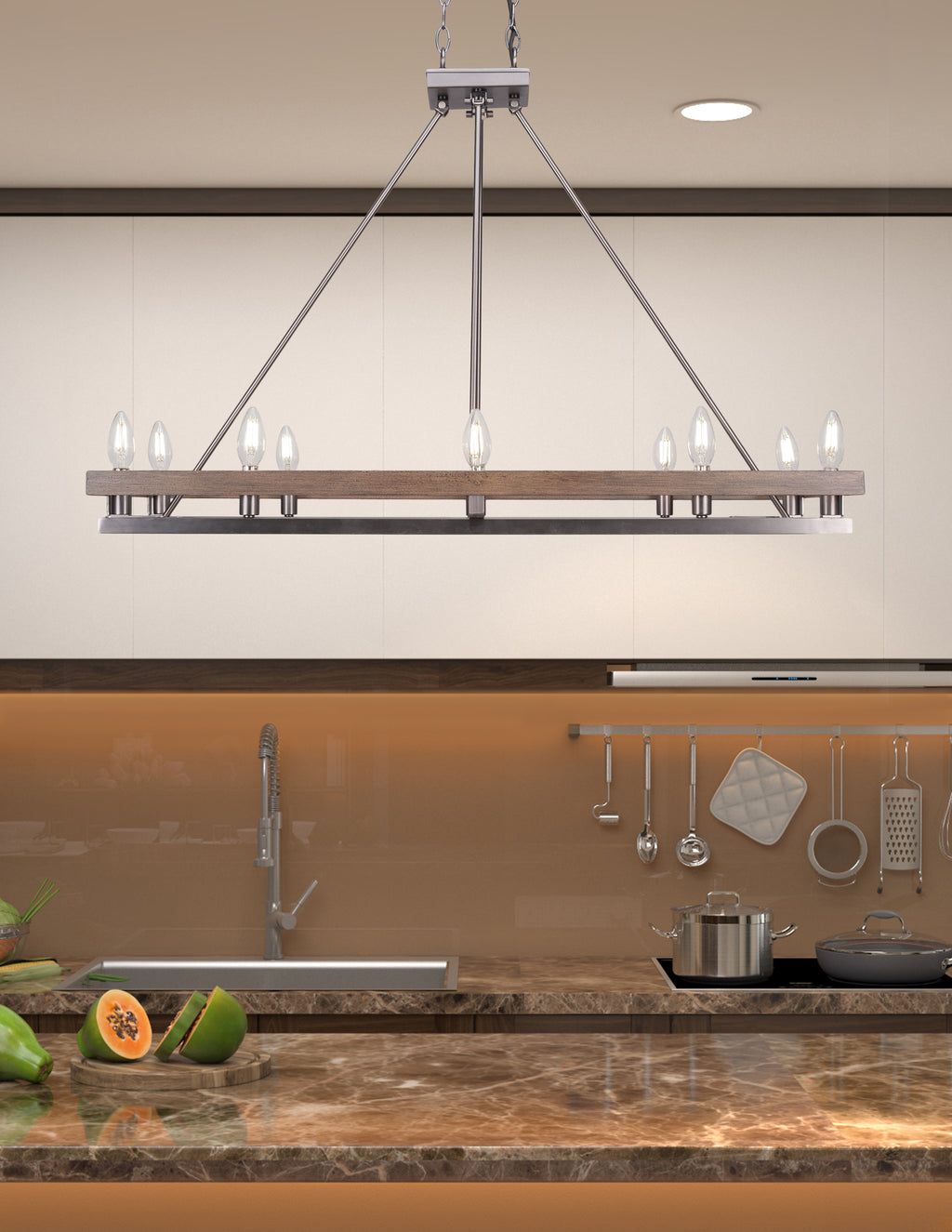 Belmont Ten Light Island Pendant in Graphite & Painted Distressed Wood-look Metal