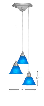 Europa Three Light Cluster Pendalier in Brushed Nickel with 7" Blue Italian Shade