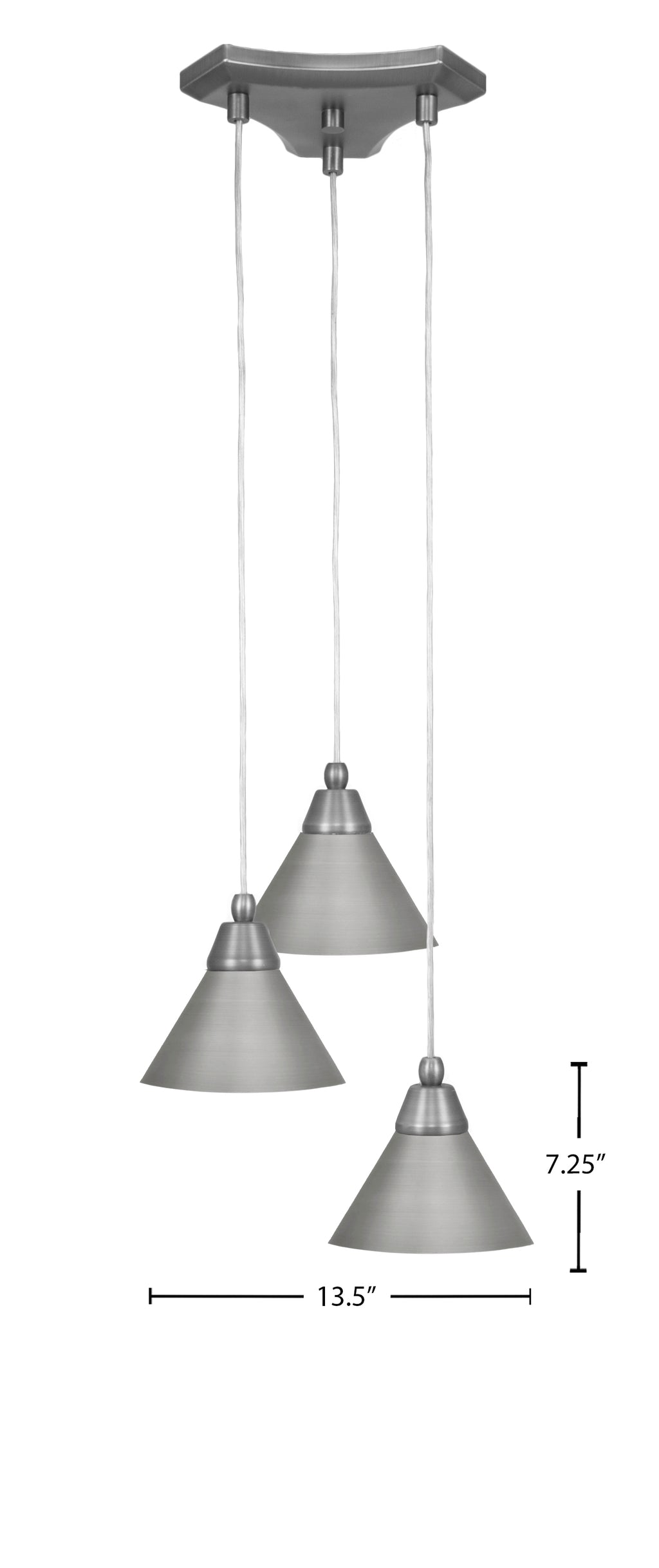 Europa Three Light Cluster Pendalier in Brushed Nickel with 7" Brushed Nickel Cone Metal Shade Shade