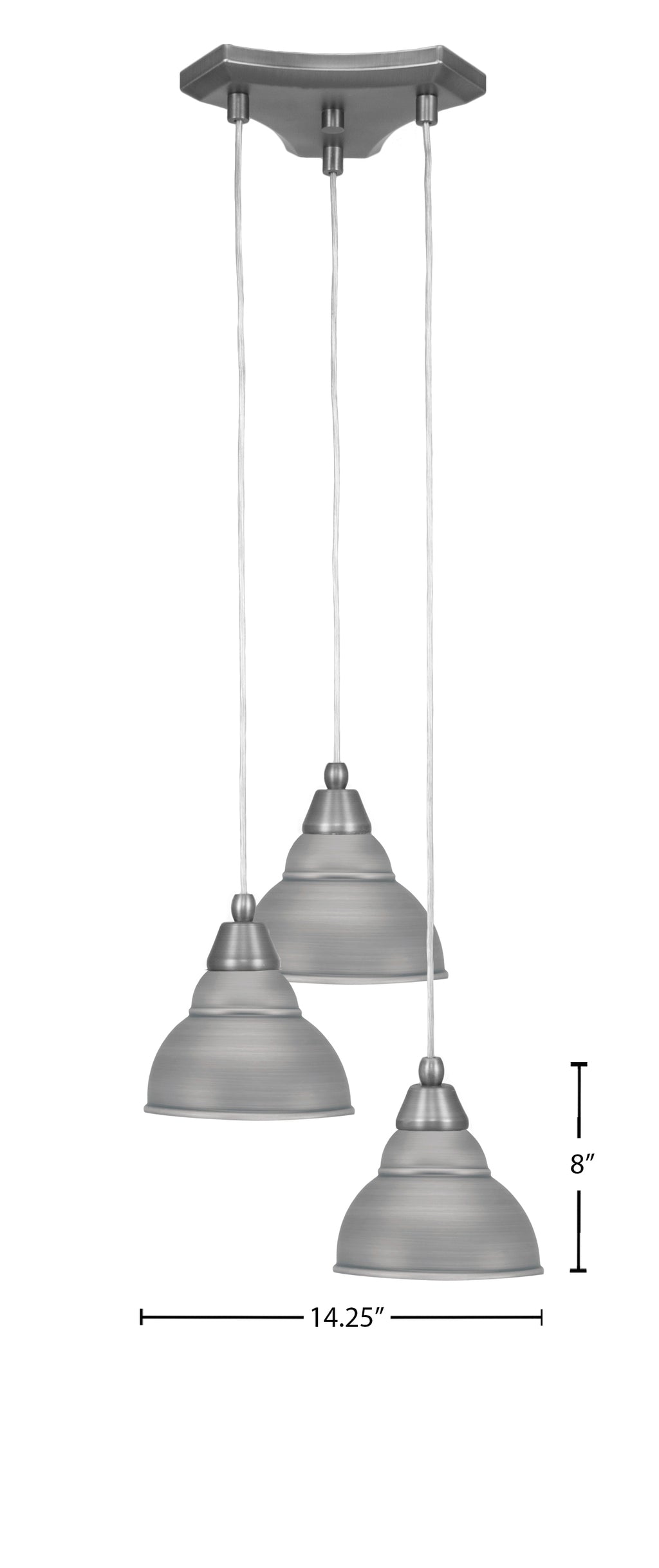 Europa Three Light Cluster Pendalier in Brushed Nickel with 7" Brushed Nickel Double Bubble Metal Shade Shade