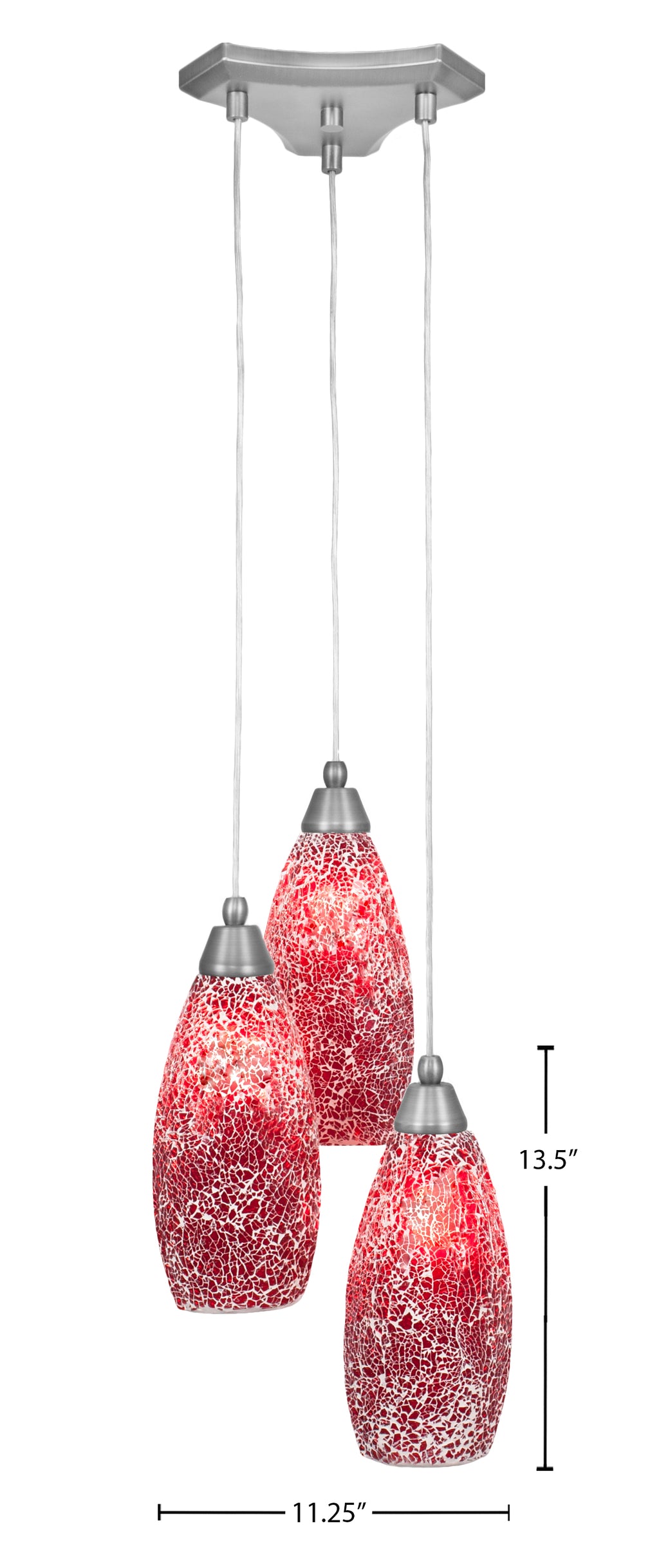 Europa Three Light Cluster Pendalier in Brushed Nickel with 5.5" Red Fusion Shade