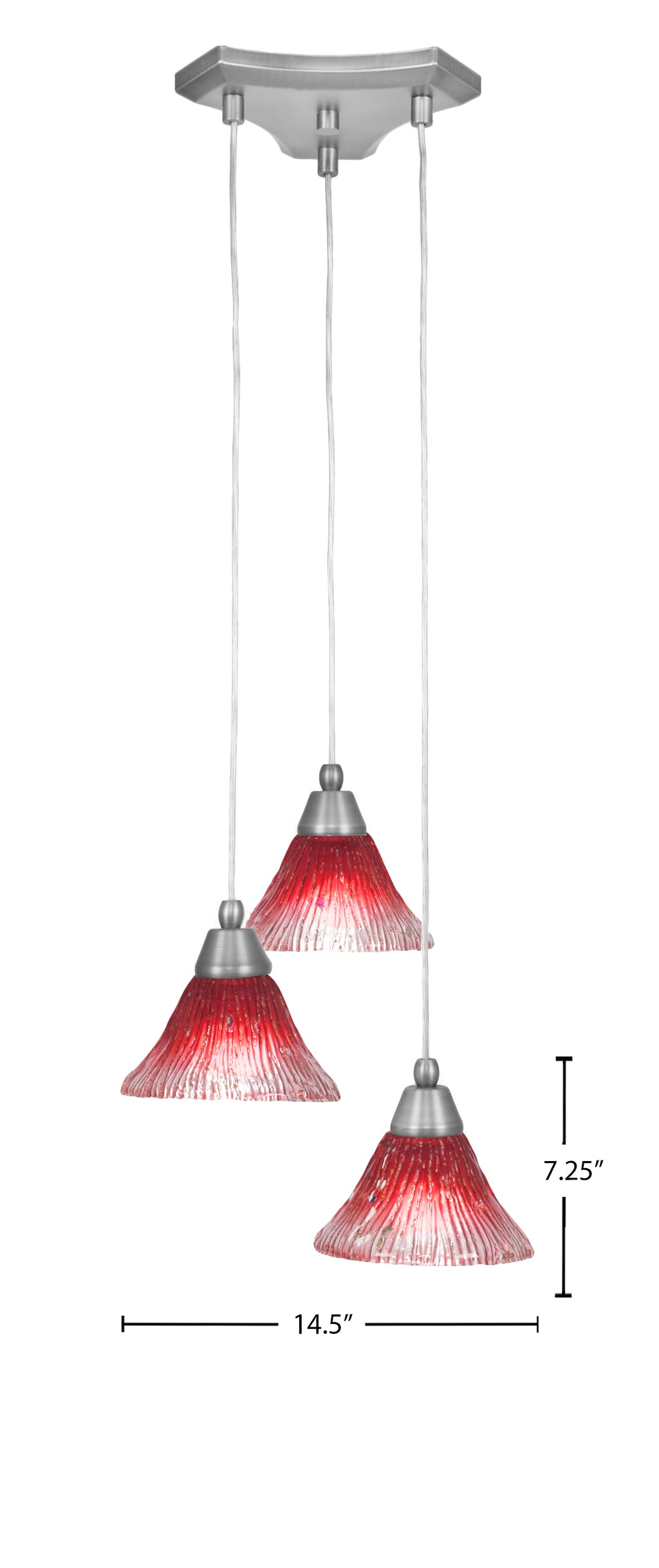 Europa Three Light Cluster Pendalier in Brushed Nickel with 7" Raspberry Crystal Shade