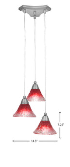 Europa Three Light Cluster Pendalier in Brushed Nickel with 7" Raspberry Crystal Shade