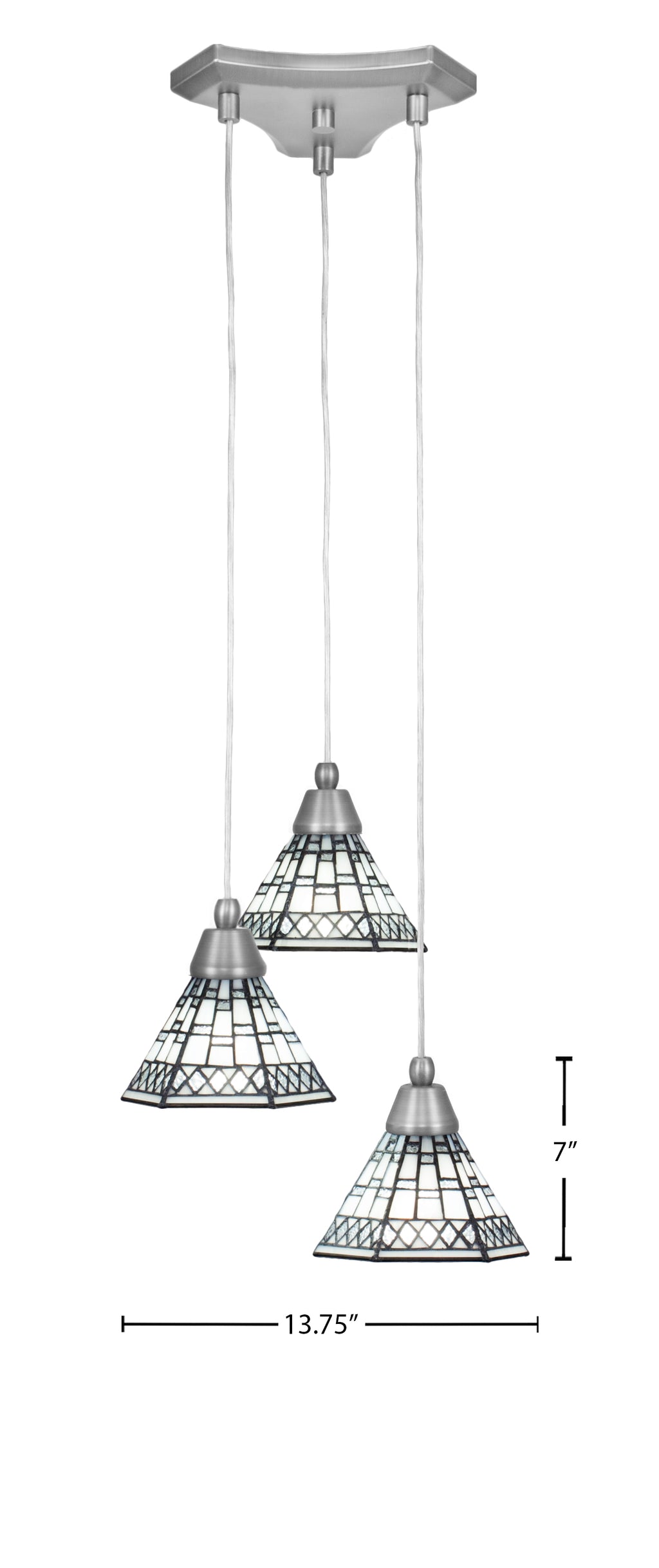 Europa Three Light Cluster Pendalier in Brushed Nickel with 7" Pewter Art Glass Shade