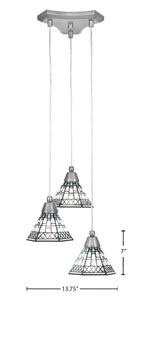 Europa Three Light Cluster Pendalier in Brushed Nickel with 7" Pewter Art Glass Shade