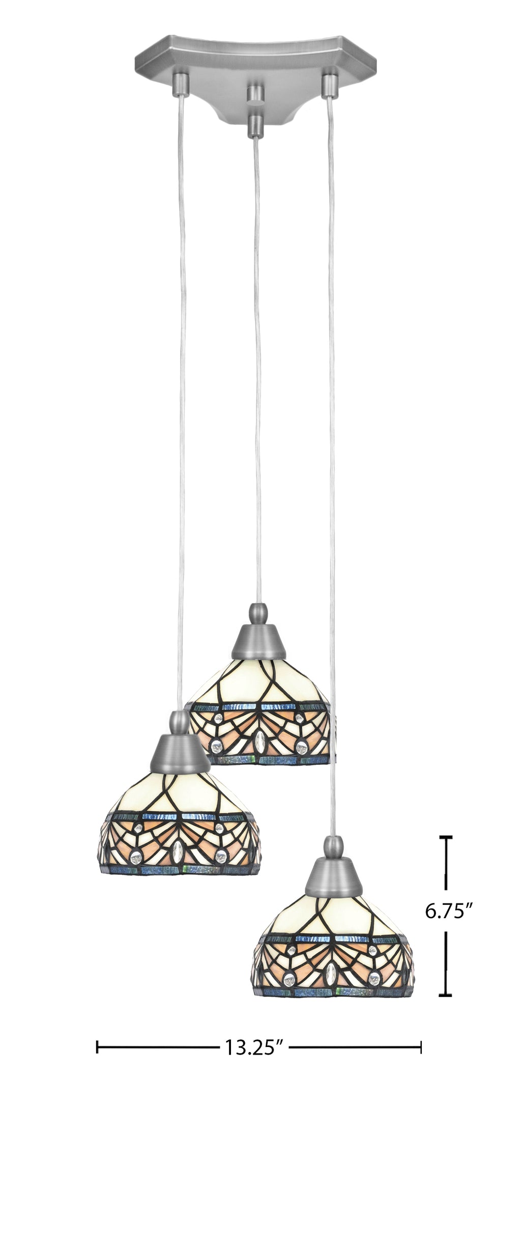 Europa Three Light Cluster Pendalier in Brushed Nickel with 7" Royal Merlot Art Glass Shade