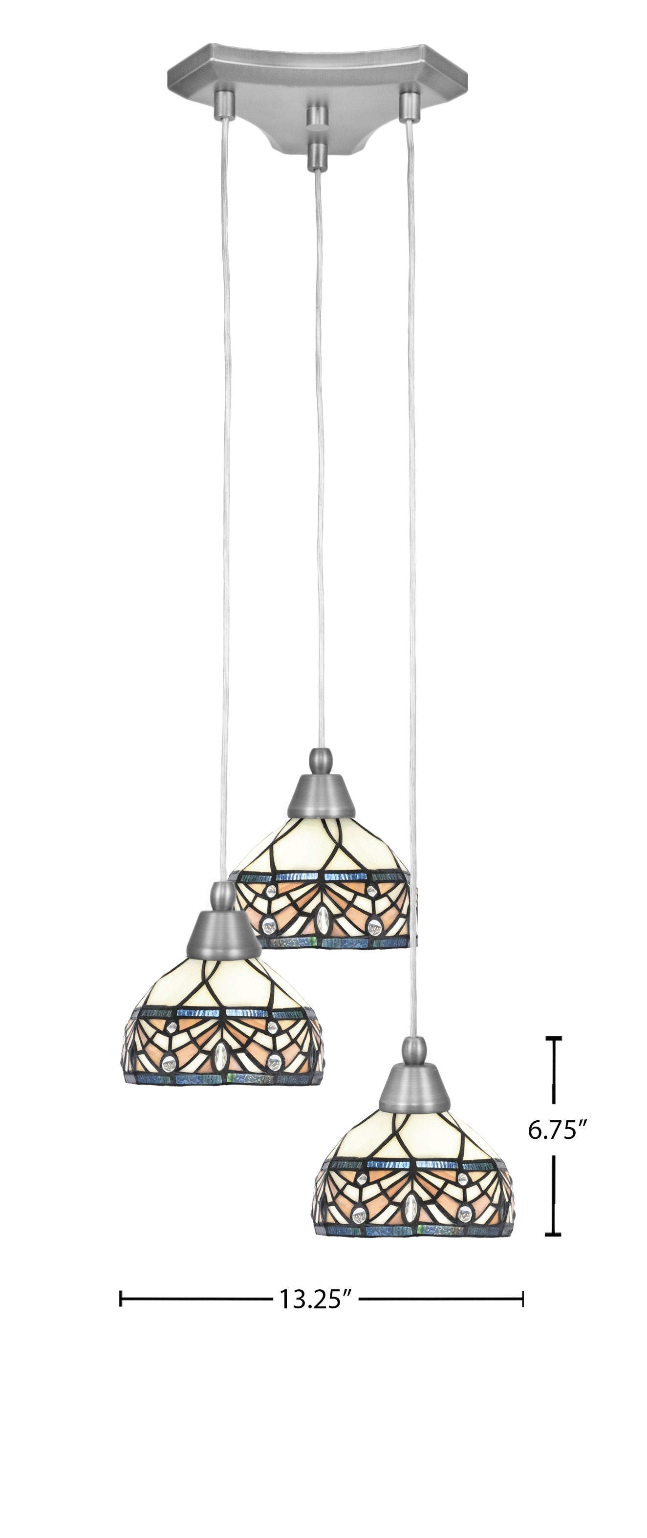 Europa Three Light Cluster Pendalier in Brushed Nickel with 7" Royal Merlot Art Glass Shade