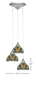 Europa Three Light Cluster Pendalier in Brushed Nickel with 7" Kaleidoscope Art Glass Shade