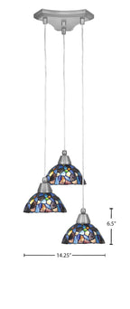 Europa Three Light Cluster Pendalier in Brushed Nickel with 7" Blue Mosaic Art Glass Shade