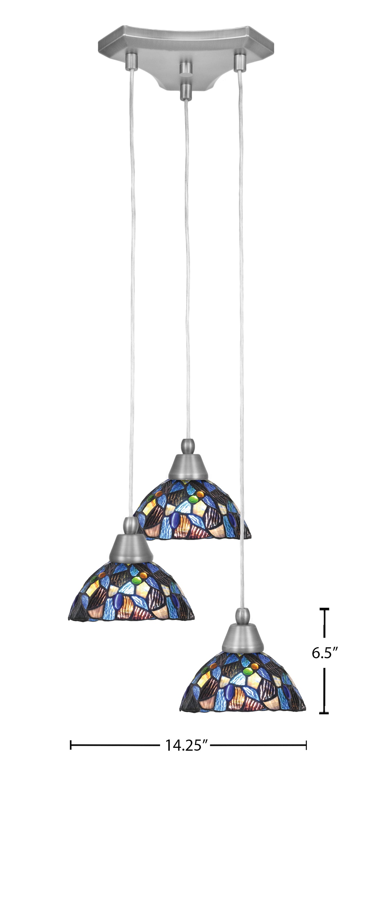Europa Three Light Cluster Pendalier in Brushed Nickel with 7" Blue Mosaic Art Glass Shade