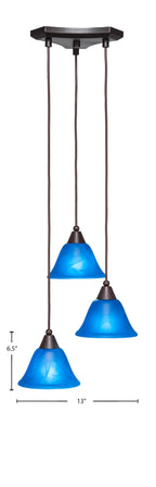 Europa Three Light Cluster Pendalier in Dark Granite with 7" Blue Italian Shade