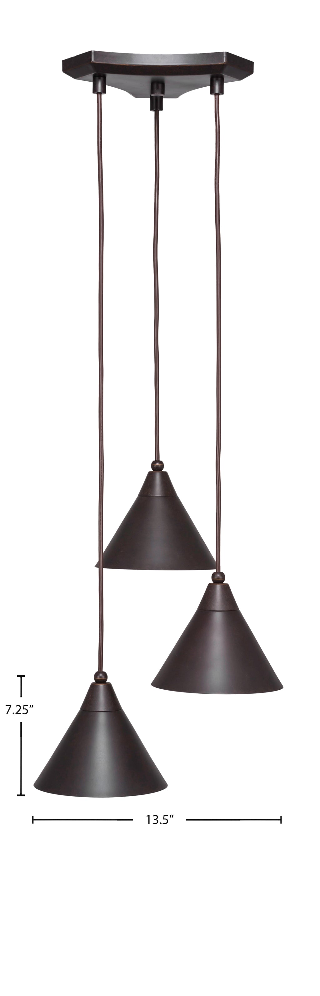 Europa Three Light Cluster Pendalier in Dark Granite with 7" Dark Granite Cone Metal Shade Shade