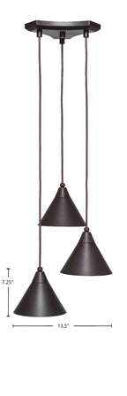 Europa Three Light Cluster Pendalier in Dark Granite with 7" Dark Granite Cone Metal Shade Shade