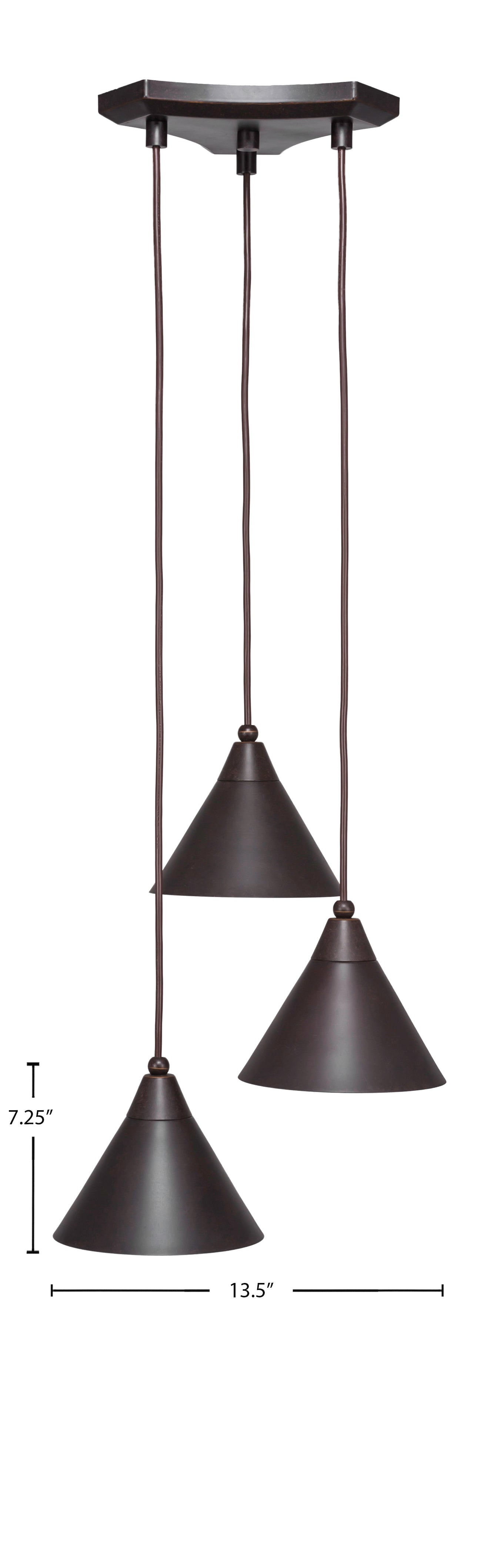 Europa Three Light Cluster Pendalier in Dark Granite with 7" Dark Granite Cone Metal Shade Shade