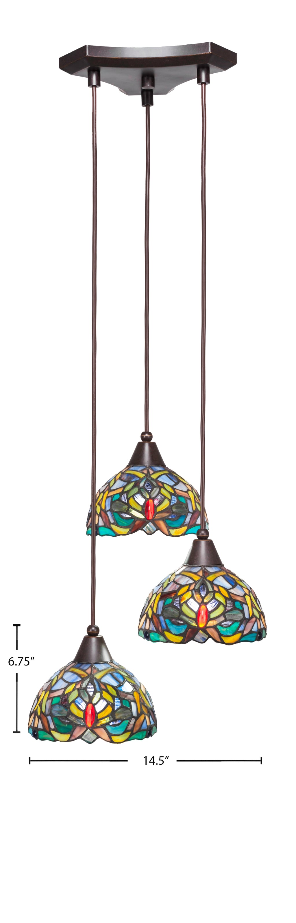 Europa Three Light Cluster Pendalier in Dark Granite with 7" Kaleidoscope Art Glass Shade