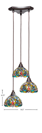Europa Three Light Cluster Pendalier in Dark Granite with 7" Kaleidoscope Art Glass Shade