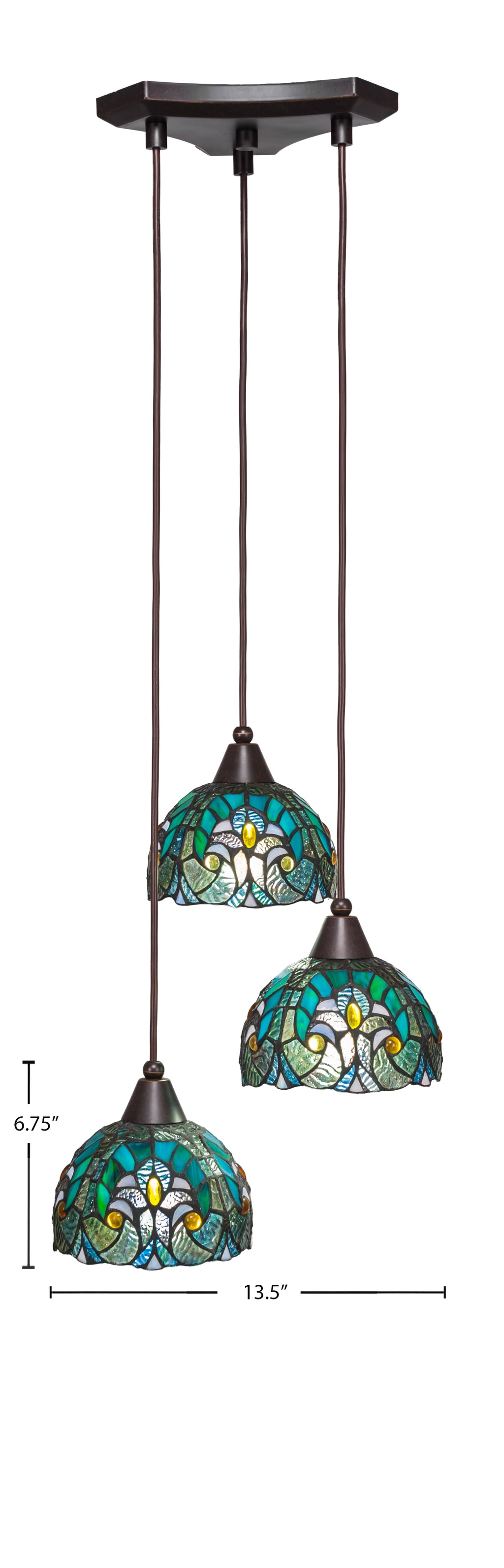 Europa Three Light Cluster Pendalier in Dark Granite with 7" Turquoise Cypress Art Glass Shade