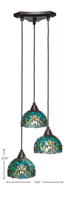 Europa Three Light Cluster Pendalier in Dark Granite with 7" Turquoise Cypress Art Glass Shade