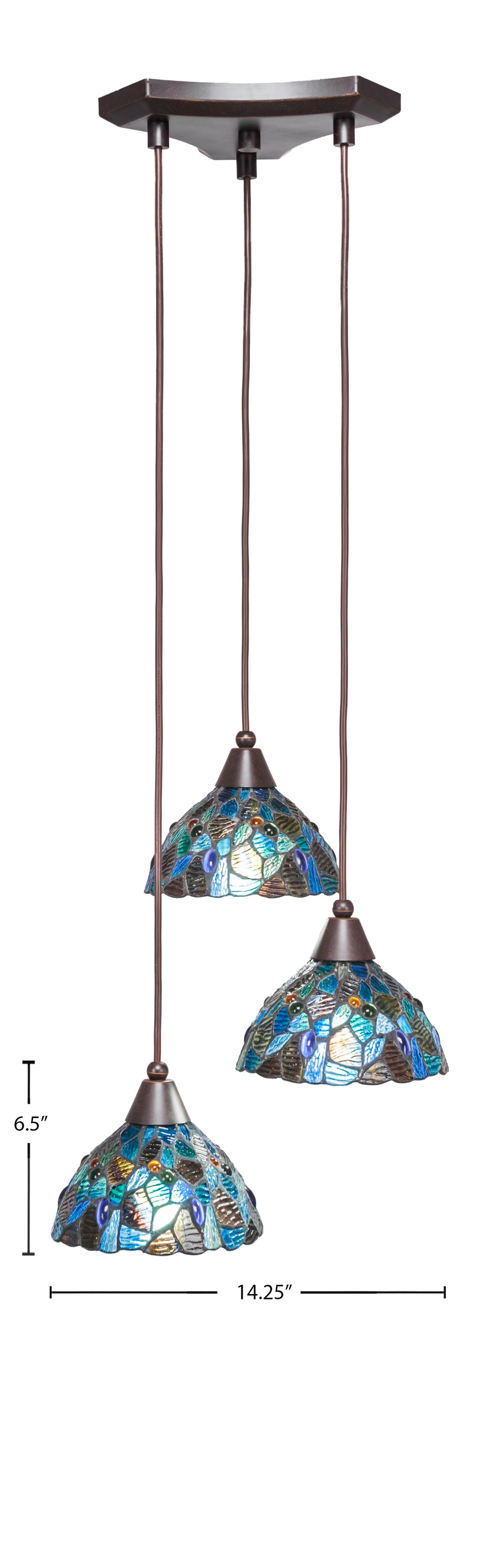 Europa Three Light Cluster Pendalier in Dark Granite with 7" Blue Mosaic Art Glass Shade