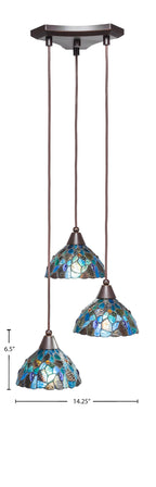 Europa Three Light Cluster Pendalier in Dark Granite with 7" Blue Mosaic Art Glass Shade