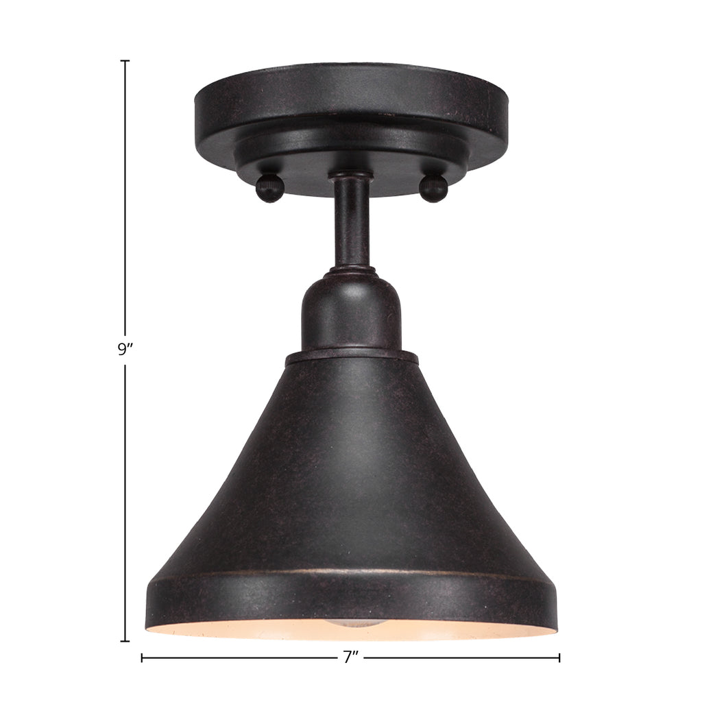 Vintage One Light Semi-Flush Mount in Dark Granite with 7" Dark Granite Cone Metal Shade Shade