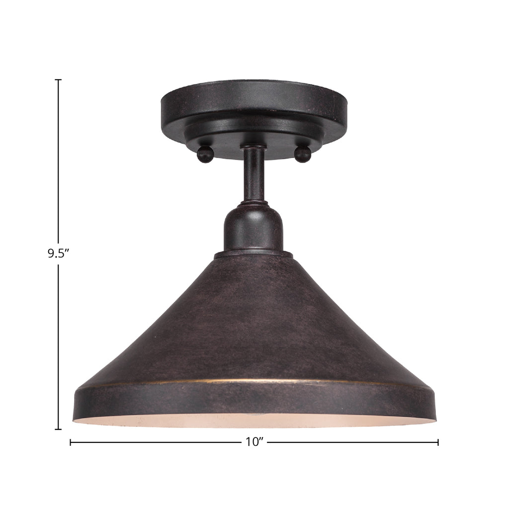 Vintage One Light Semi-Flush Mount in Dark Granite with 10" Dark Granite Cone Metal Shade Shade