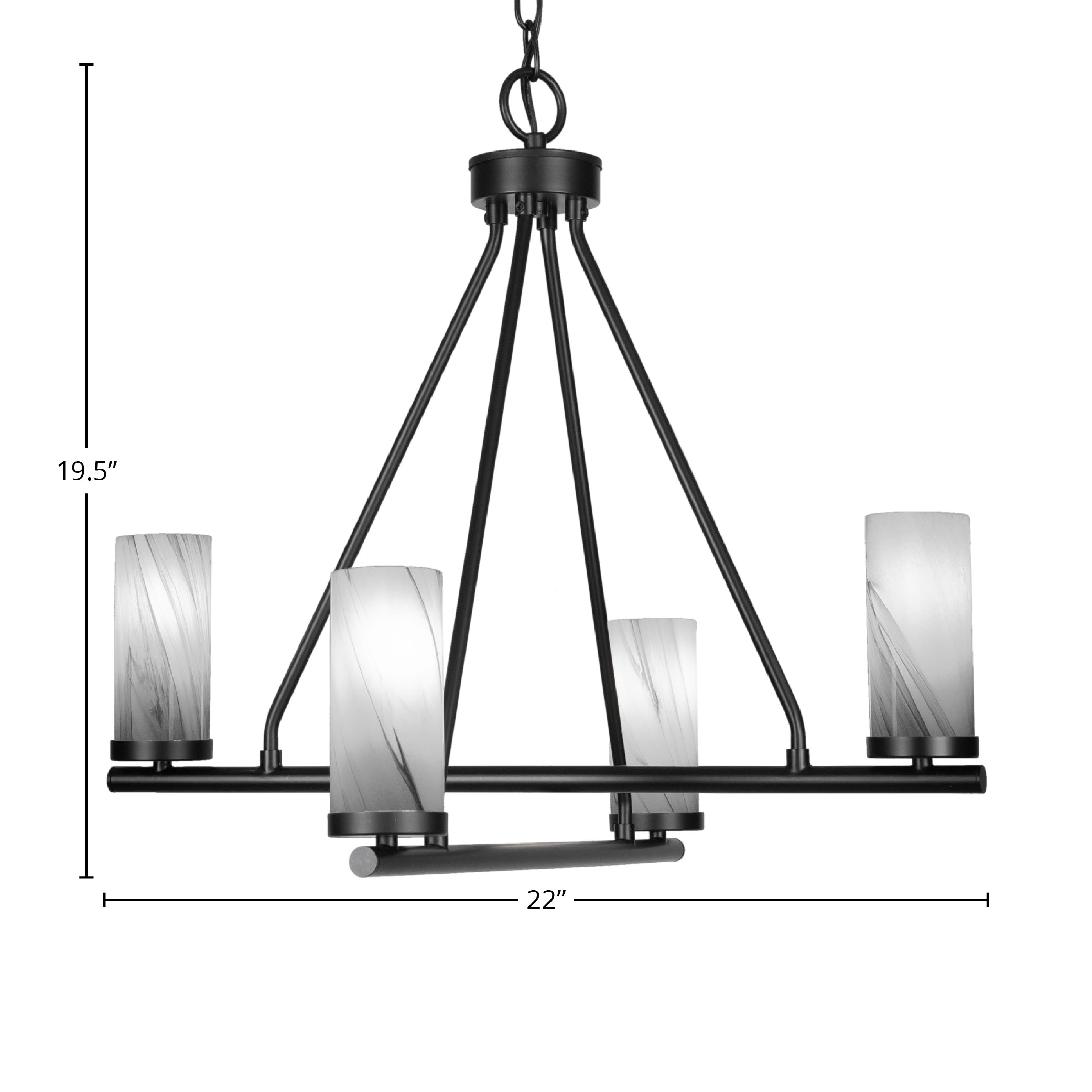 Trinity Four Light Chandelier in Matte Black with 2.5" Onyx Swirl Shade