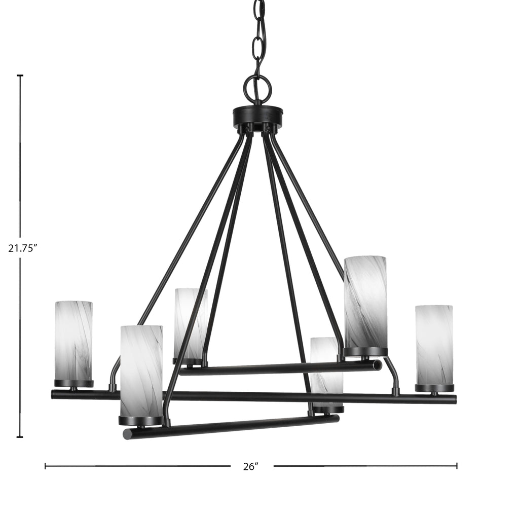 Trinity Six Light Chandelier in Matte Black with 2.5" Onyx Swirl Shade