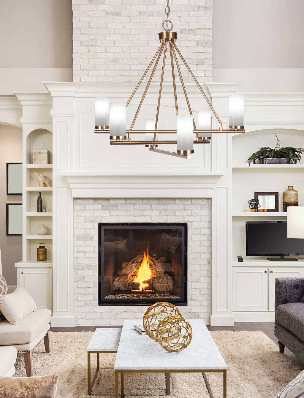 Trinity Six Light Chandelier in New Age Brass with 2.5" White Marble Shade