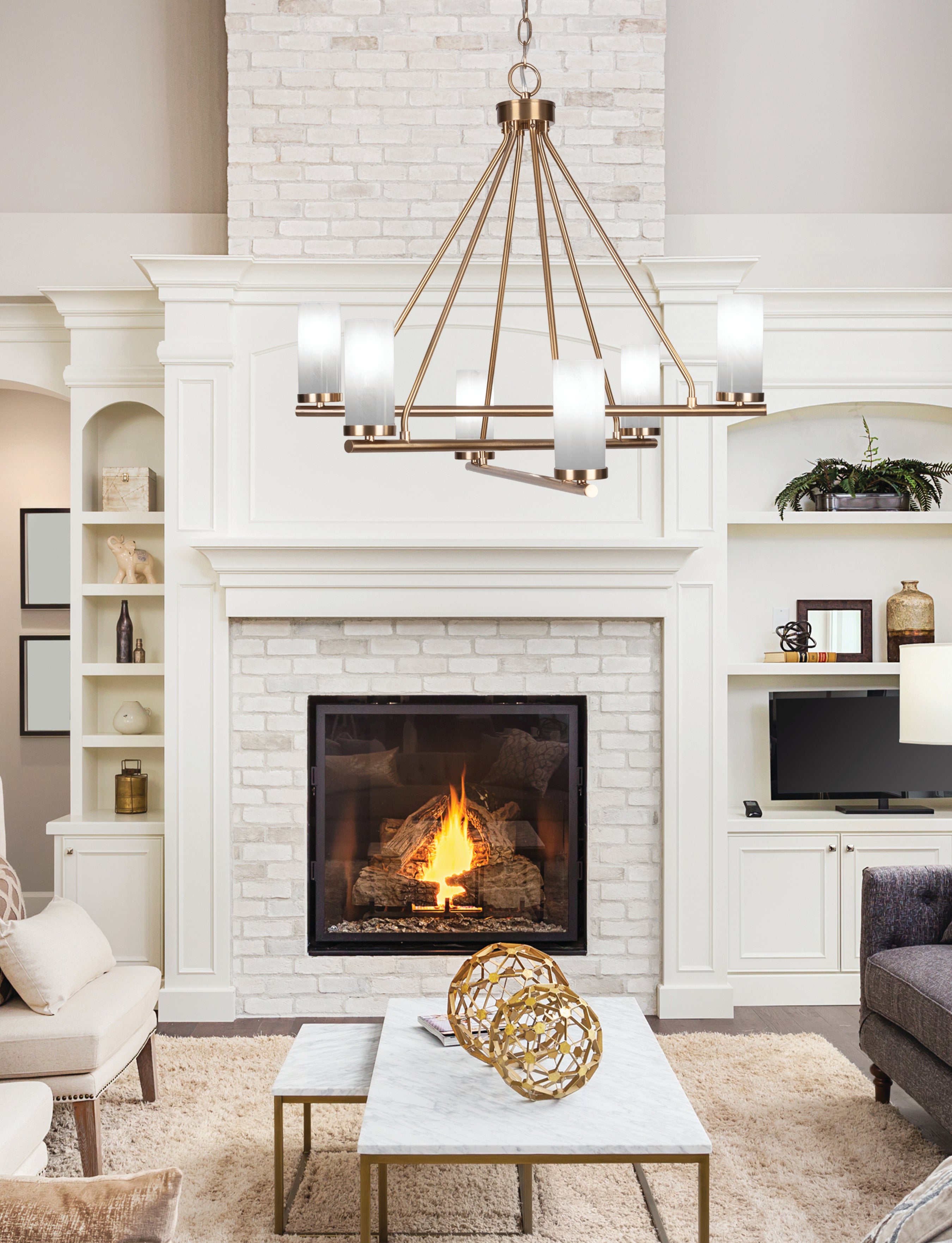 Trinity Six Light Chandelier in New Age Brass with 2.5" White Marble Shade