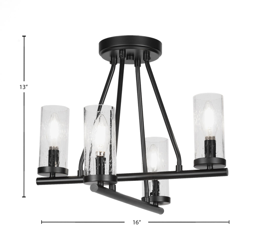 Trinity Four Light Semi-Flush Mount in Matte Black with 2.5" Clear Bubble Shade