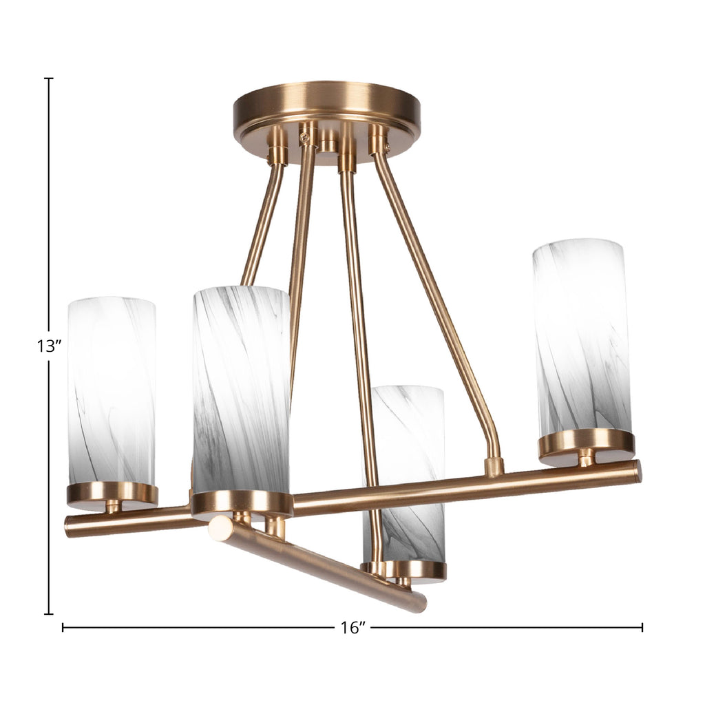 Trinity Four Light Semi-Flush Mount in New Age Brass with 2.5" Onyx Swirl Shade