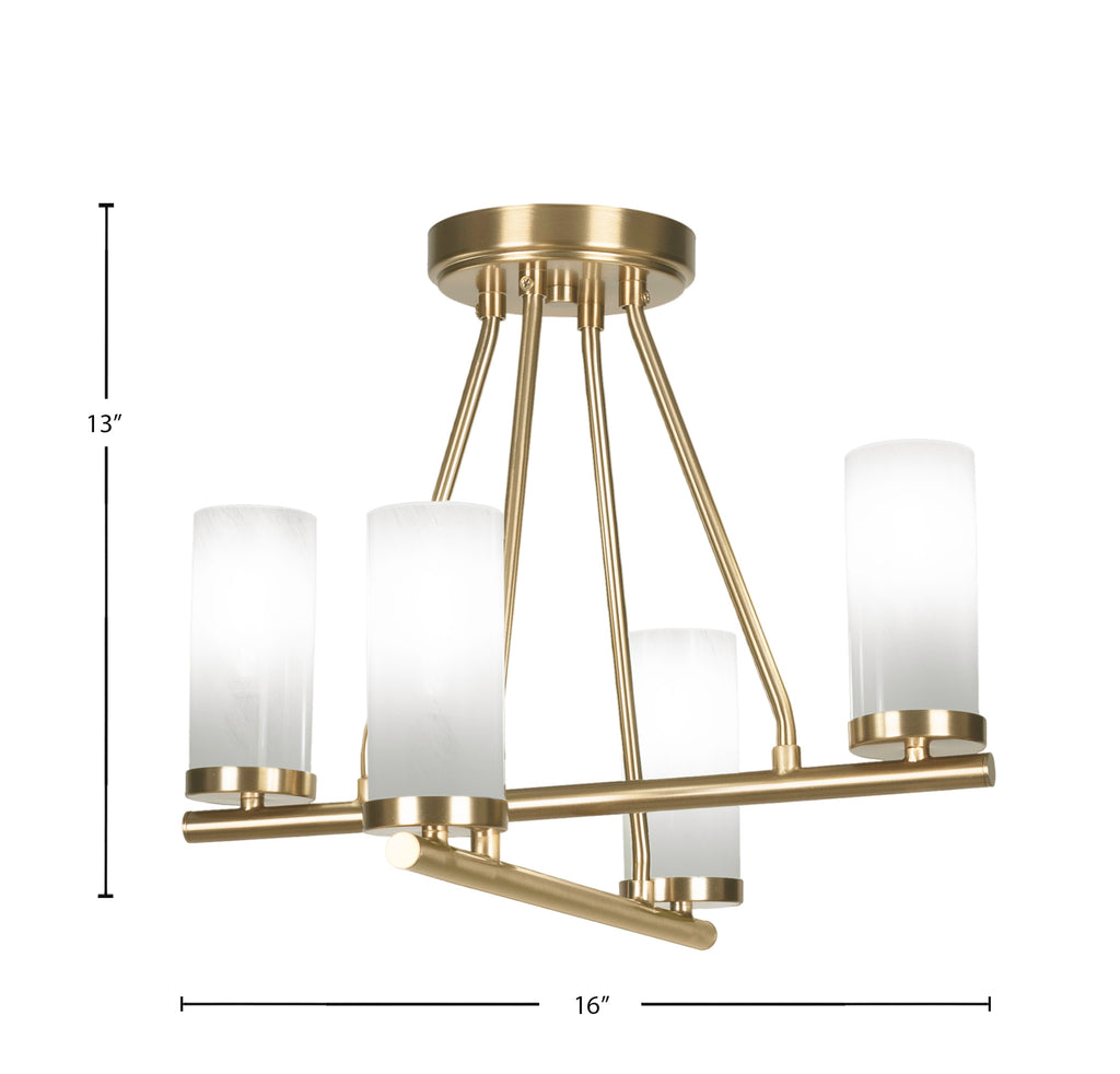 Trinity Four Light Semi-Flush Mount in New Age Brass with 2.5" White Marble Shade
