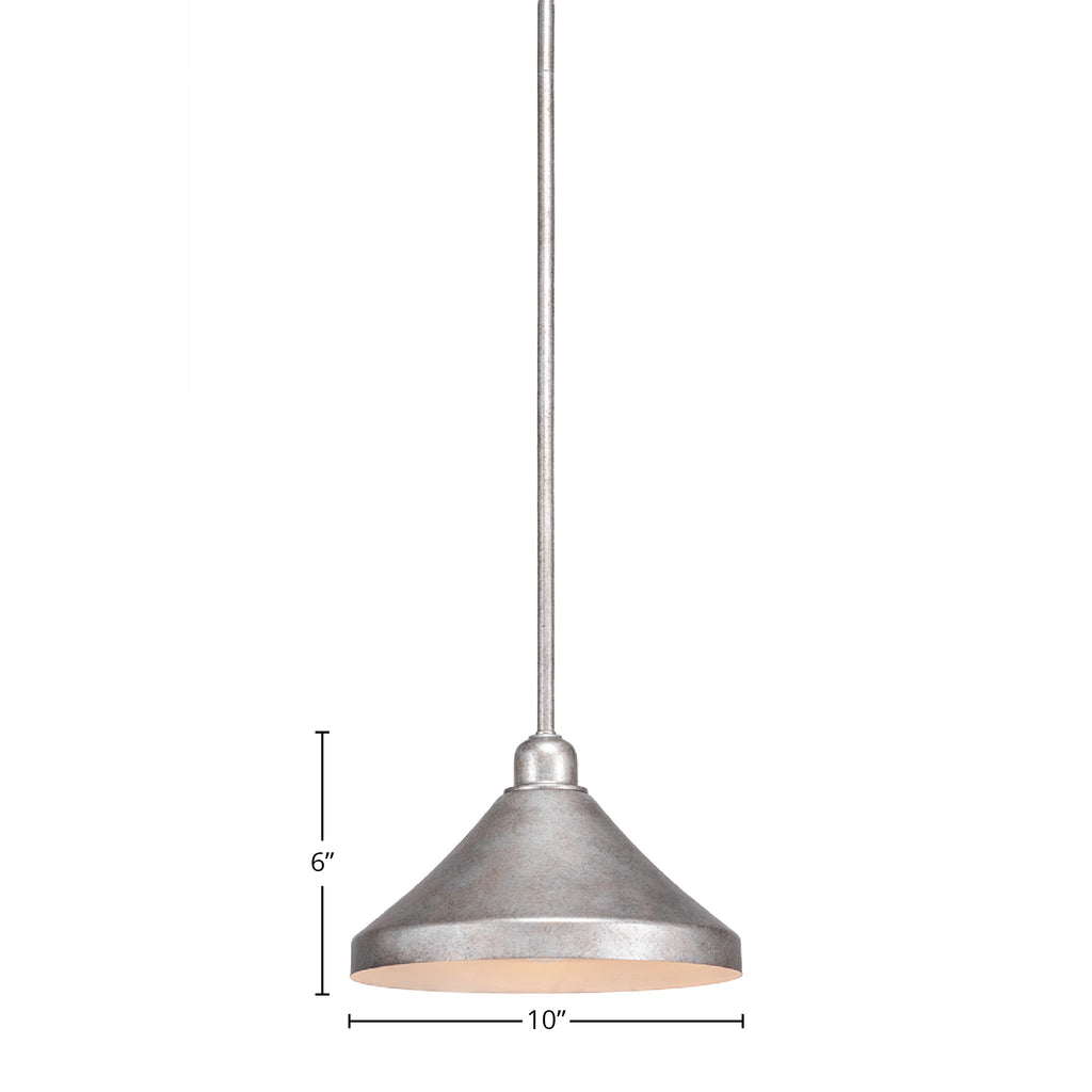 Vintage One Light Mini Pendant in Aged Silver with 10" Aged Silver Cone Metal Shade Shade