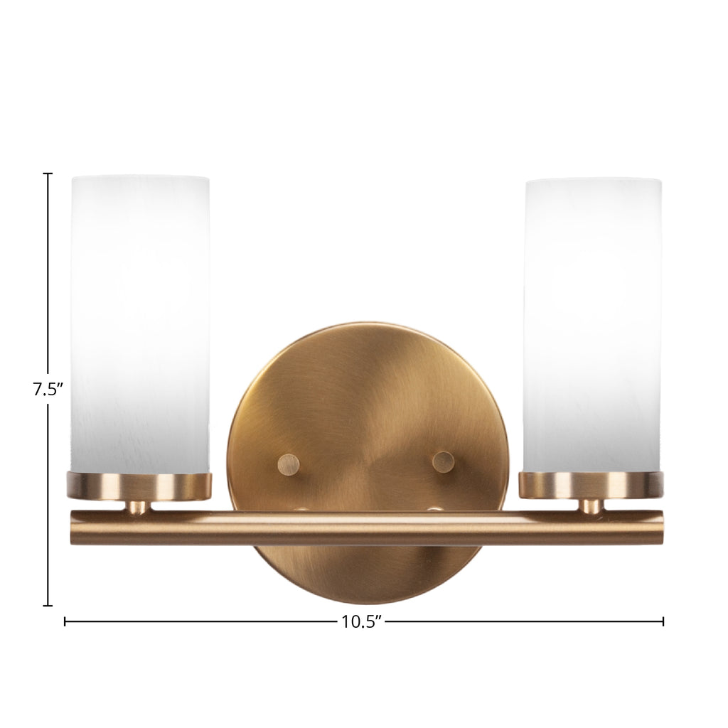 Trinity Two Light Bath Bar in New Age Brass with 2.5" White Marble Shade