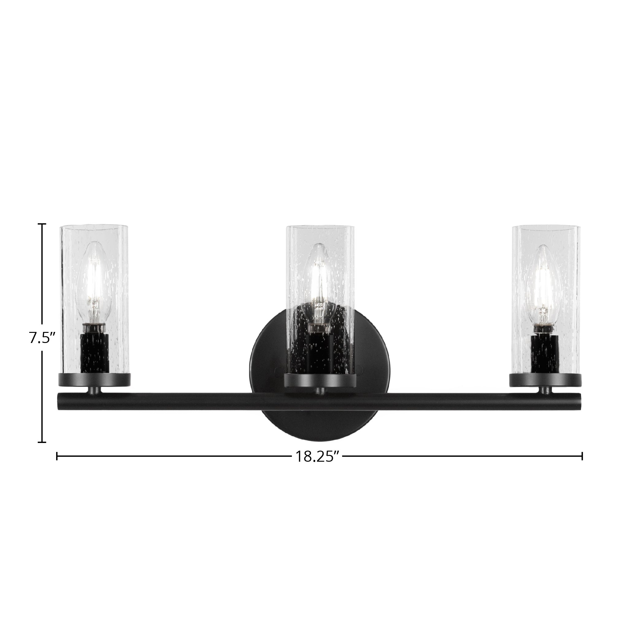 Trinity Three Light Bath Bar in Matte Black with 2.5" Clear Bubble Shade