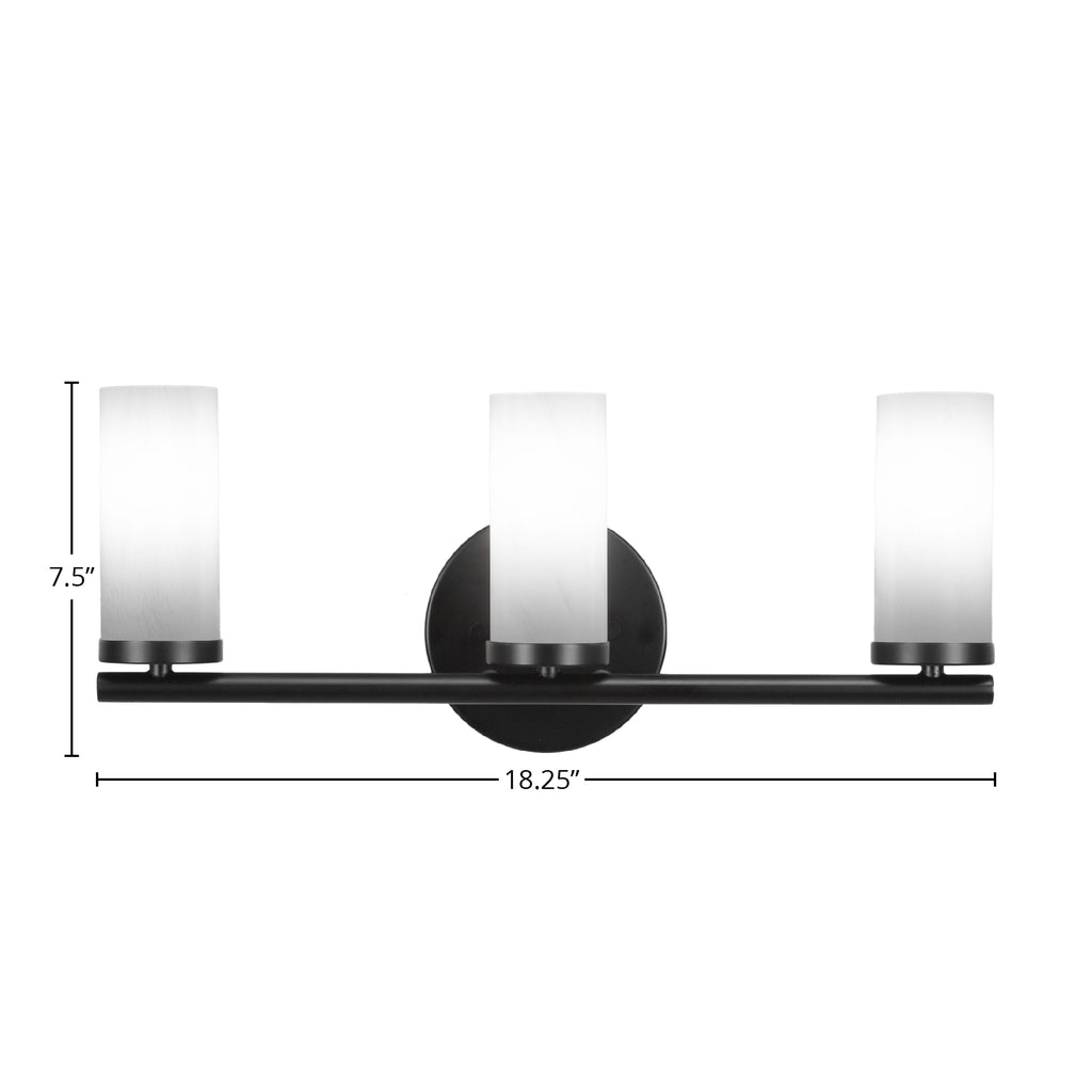 Trinity Three Light Bath Bar in Matte Black with 2.5" White Marble Shade