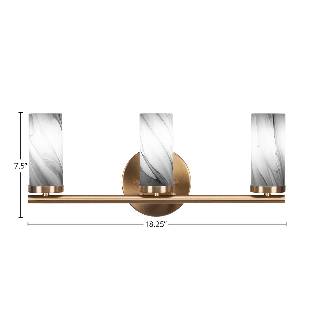 Trinity Three Light Bath Bar in New Age Brass with 2.5" Onyx Swirl Shade