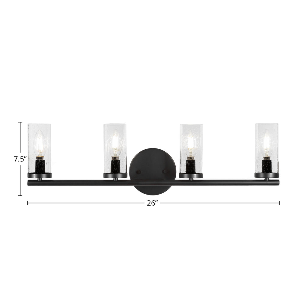 Trinity Four Light Bath Bar in Matte Black with 2.5" Clear Bubble Shade