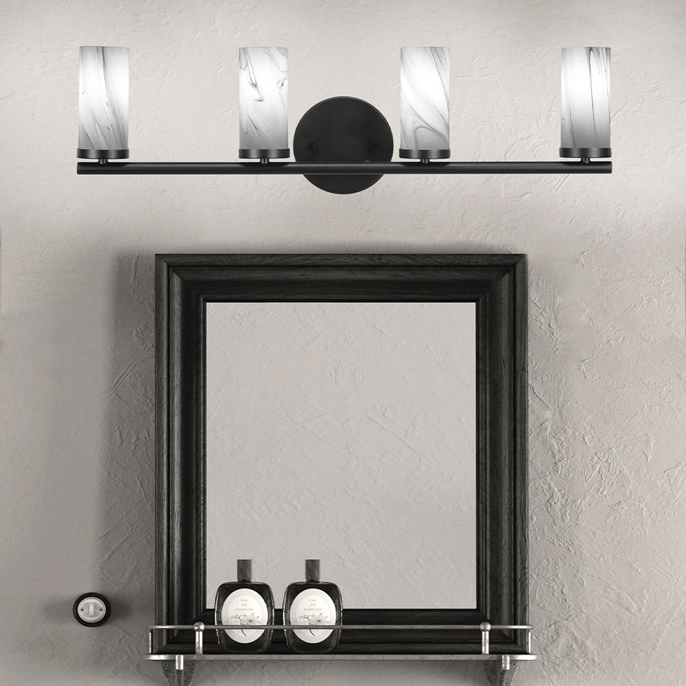 Trinity Four Light Bath Bar in Matte Black with 2.5" Onyx Swirl Shade