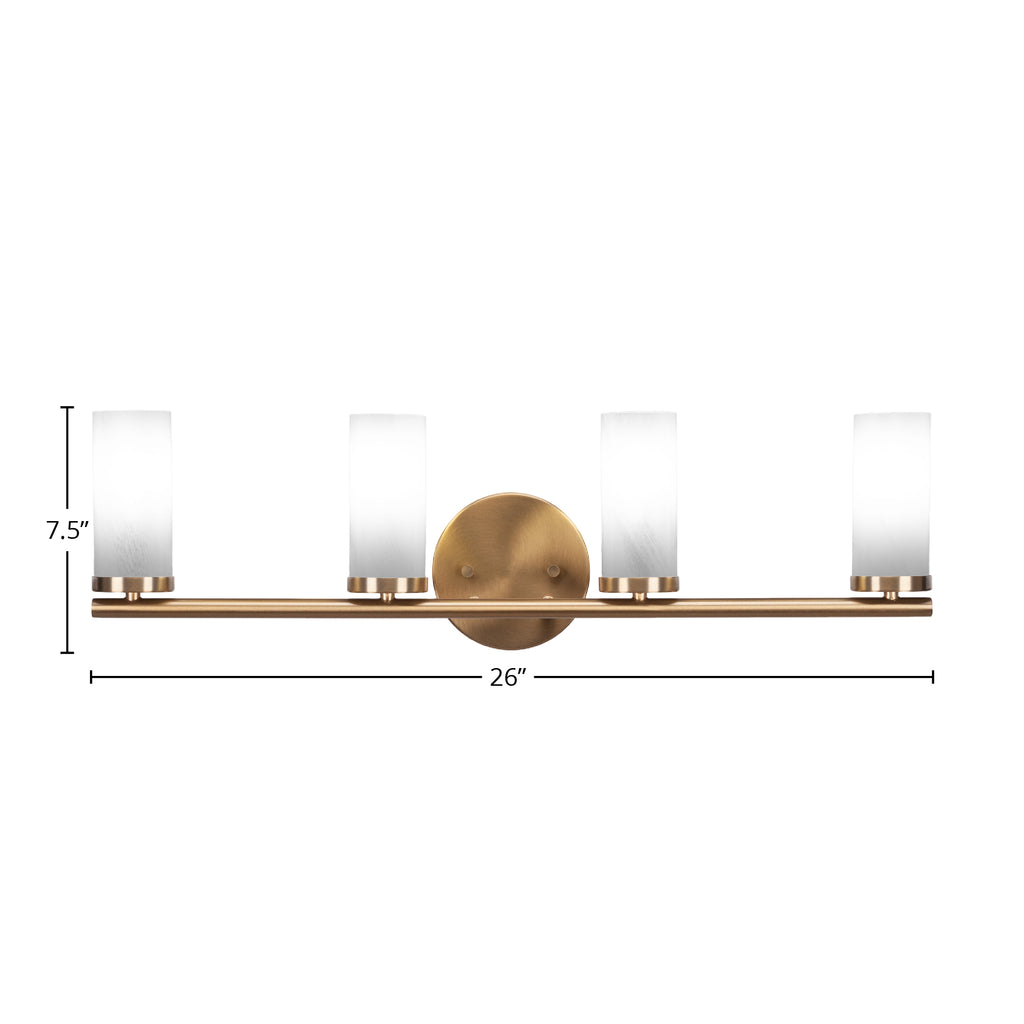 Trinity Four Light Bath Bar in New Age Brass with 2.5" White Marble Shade