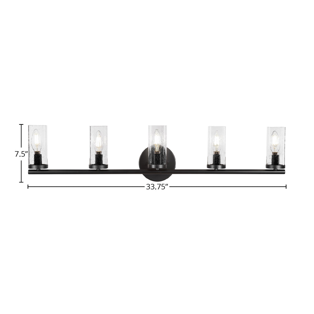 Trinity Five Light Bath Bar in Matte Black with 2.5" Clear Bubble Shade