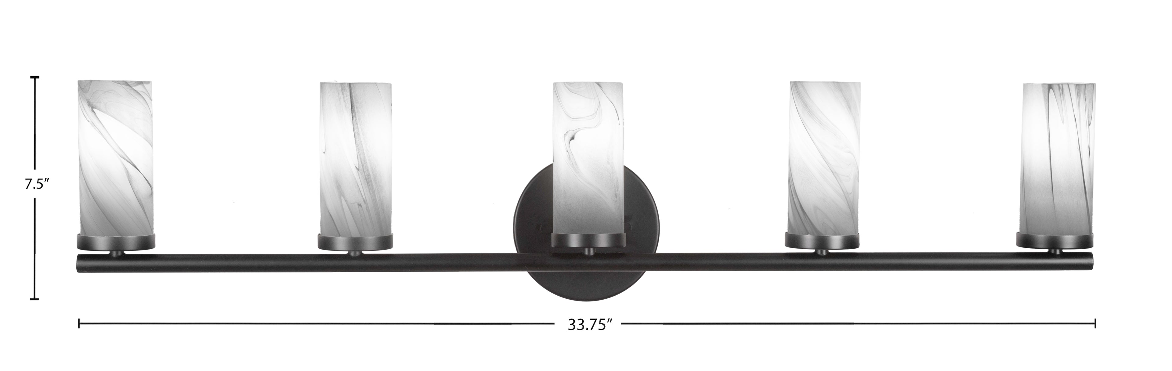 Trinity Five Light Bath Bar in Matte Black with 2.5" Onyx Swirl Shade