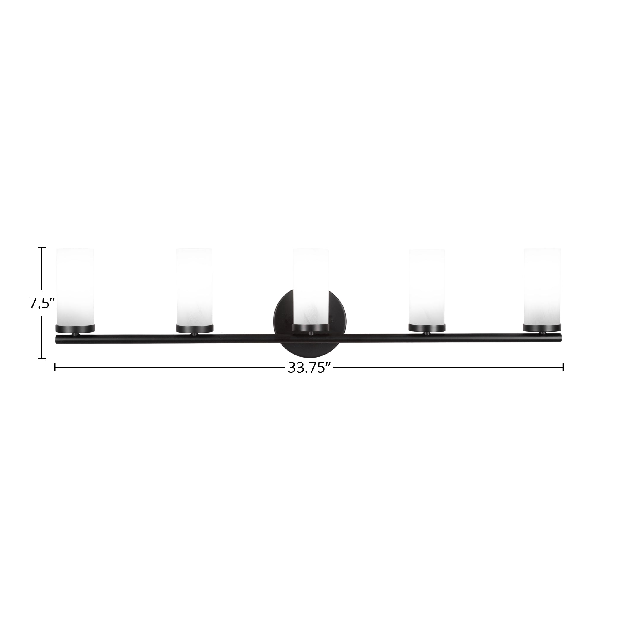 Trinity Five Light Bath Bar in Matte Black with 2.5" White Marble Shade