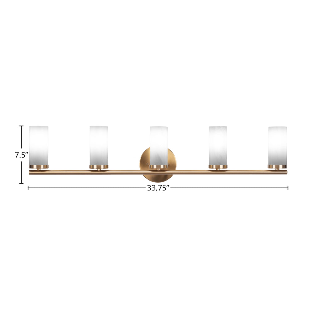 Trinity Five Light Bath Bar in New Age Brass with 2.5" White Marble Shade
