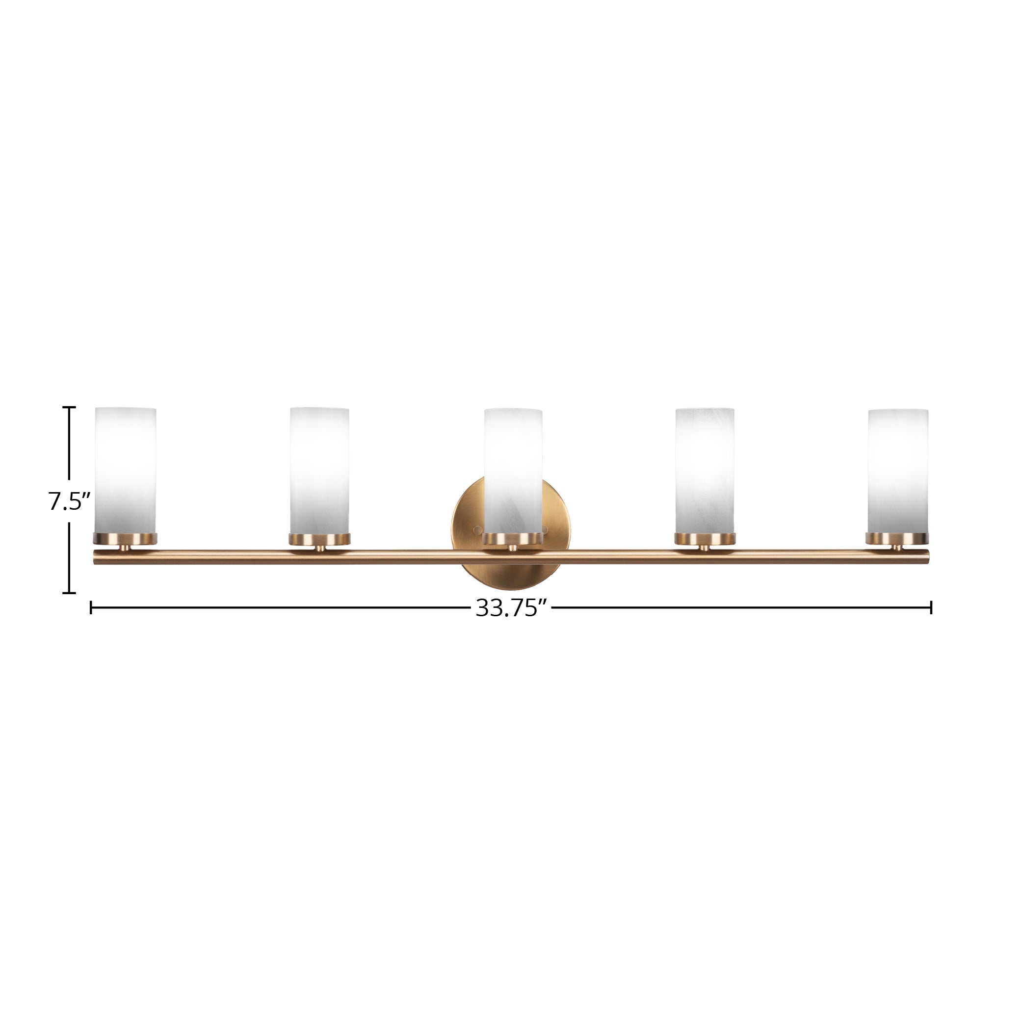 Trinity Five Light Bath Bar in New Age Brass with 2.5" White Marble Shade
