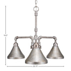 Vintage Three Light Chandelier in Aged Silver with 7" Aged Silver Cone Metal Shade Shade