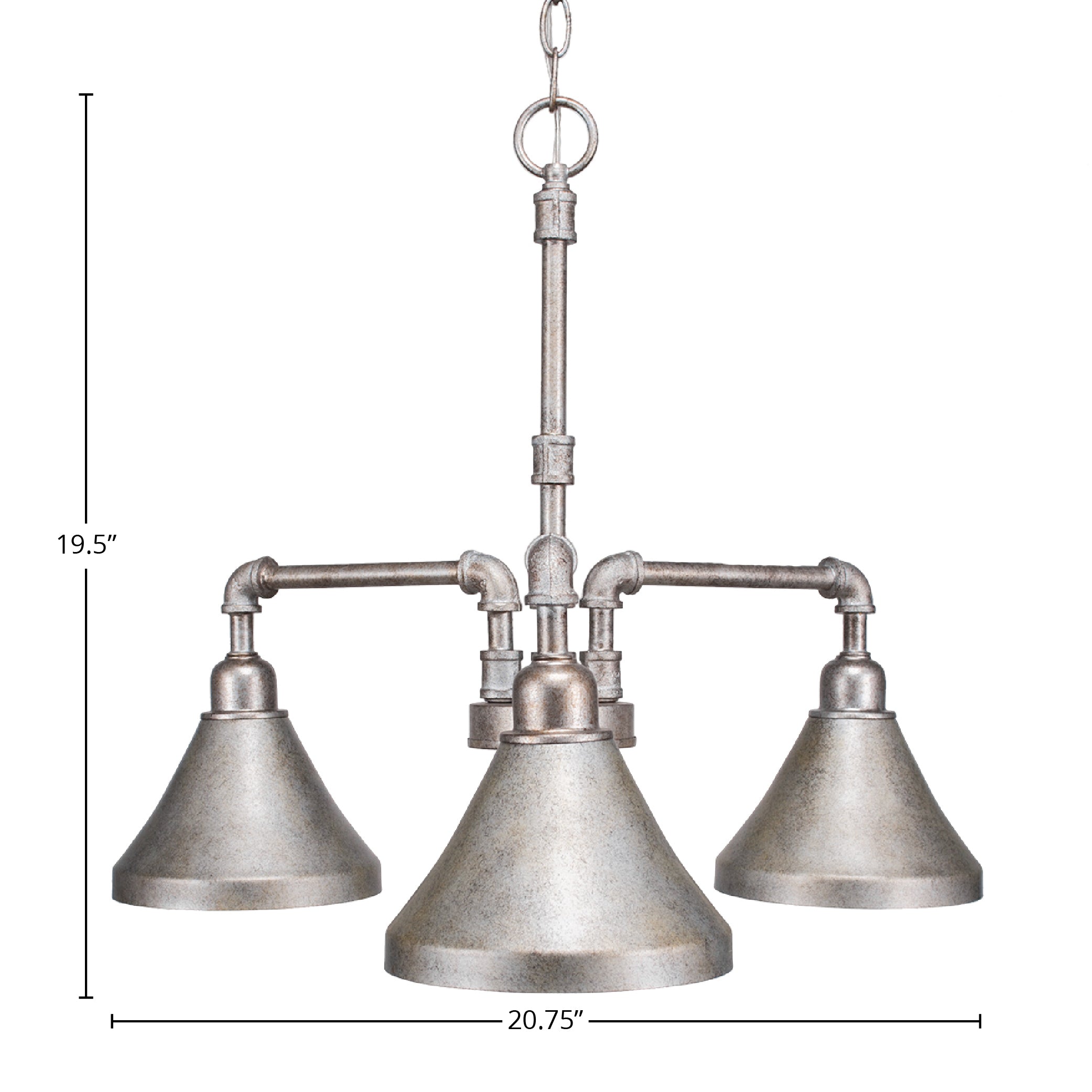 Vintage Three Light Chandelier in Aged Silver with 7" Aged Silver Cone Metal Shade Shade