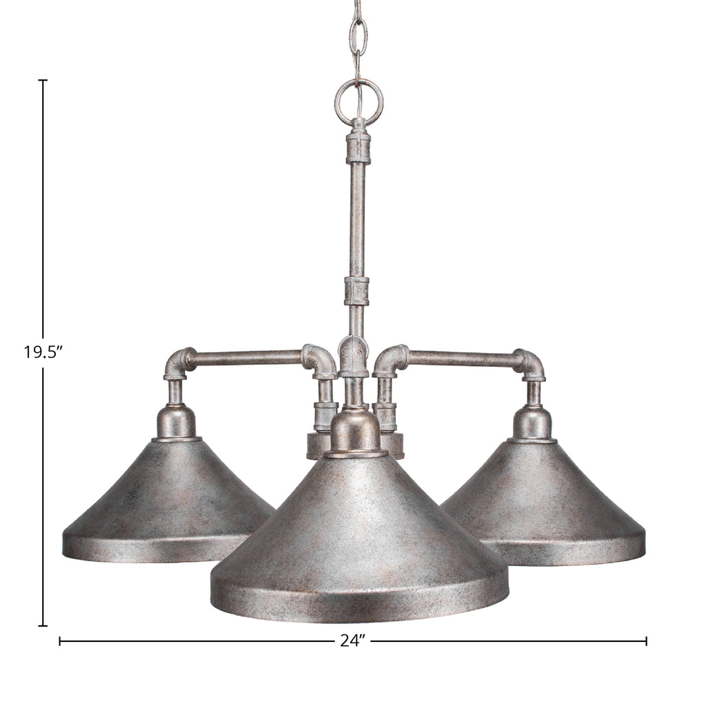 Vintage Three Light Chandelier in Aged Silver with 10" Aged Silver Cone Metal Shade Shade
